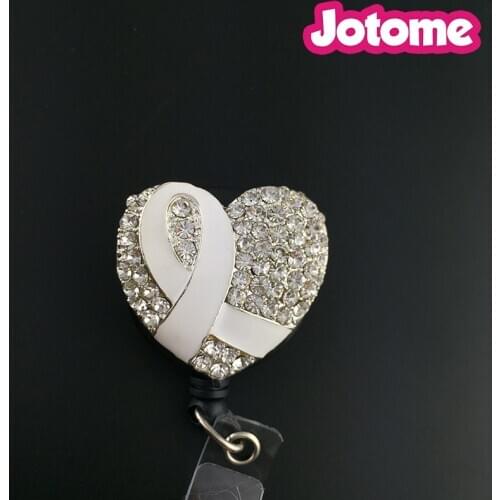 White heart with Ribbon Breast Cance retractable ID card badge holder