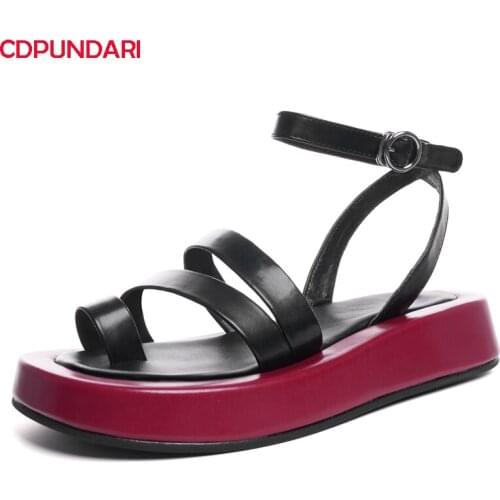 Black White Genuine Leather Clip Toe Flat Platform Sandals Women Summer Casual Shoes Sandales Femmes 2021 Sandalias Mujer