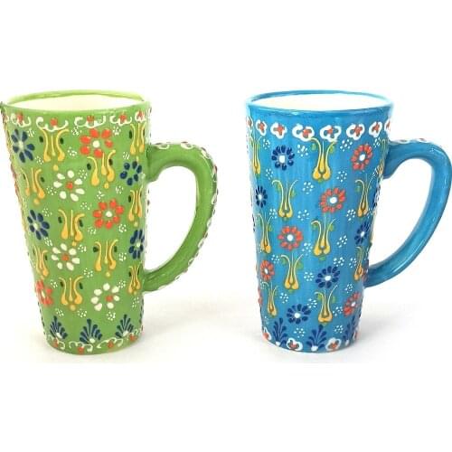 Handmade Ceramic 2s Latte Cup Set - Green & Blue Color 500ml Latte Ceramic Glass Handwork Made in turkey