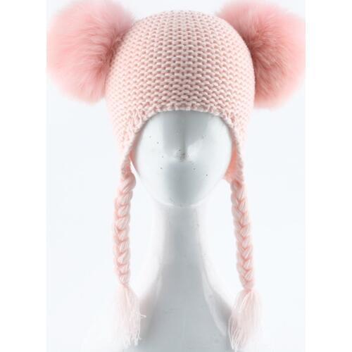 Kids Real Fox Fur Pom Pom Hat Baby Winter Crochet Earflap Cap Girls Boys Knitted Beanie Hat Two Pompom Fur Hat For Children