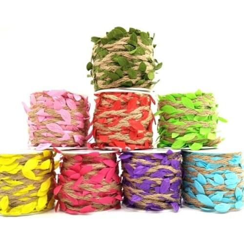 10M Burlap Leaf Ribbon Natural Jute Twine with Artificial Green Leaves Braided Decorated for Jungle Party Wedding Garden Decor