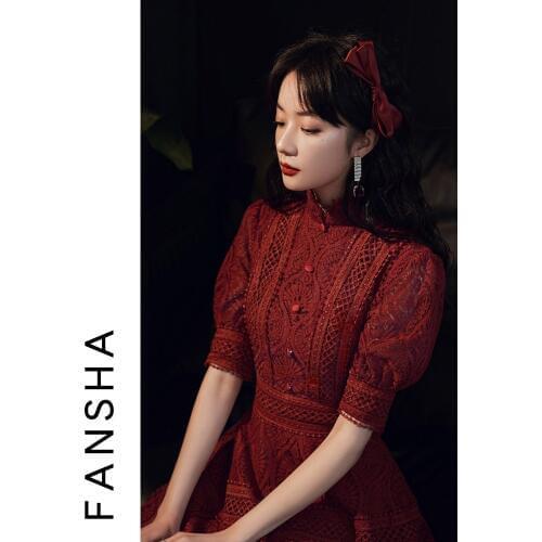 Chinese Style Elegant Lace Qipao Burgundy Vintage Embroidery Bride Wedding Party Dress Gown Vestidos De Festa