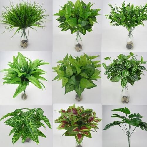 1pc Artificial Plant Flower with Leaf Plastic Green Grass Tree Plant Fake Leaf Foliage Bush for Home Wedding Hotel Party Decor