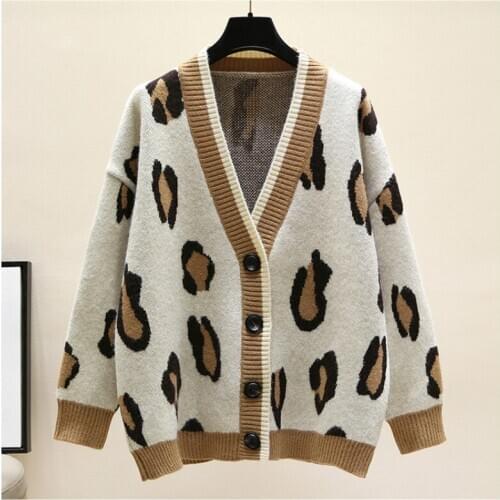 Leopard Print Women Sexy V Neck Cardigan Streetwear Long Sleeve Autumn Winter Casual Outwear Sweater Tops Cardigans