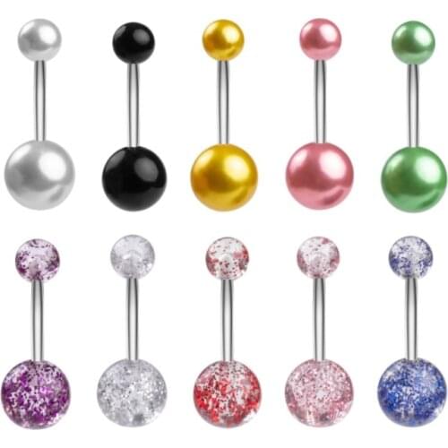 10 Pieces Free Shipping Stainless Steel Bar Acrylic Ball Glitter Belly Ring Sexy Belly Button Rings Navel Body Piercing jewelry