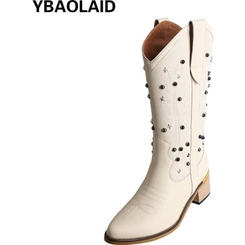 British Style Frosted Cowboy Embroidery Rivet Mid-tube Western Cowboy Boots New Retro V Mouth Pointed Thick Heel Single Boots