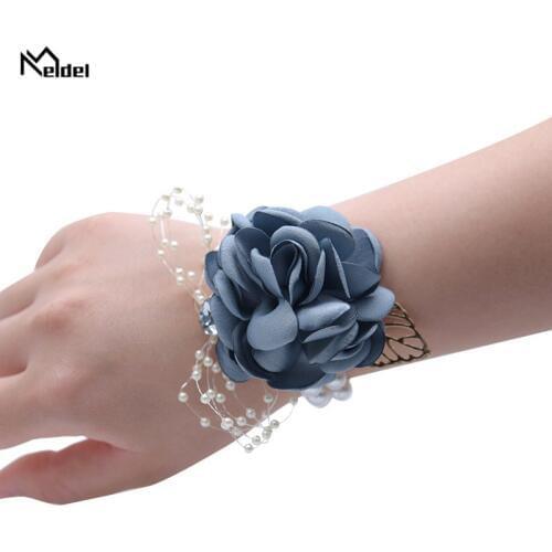 Meldel Silk Wedding Flowers Brooches Boutonniere Buttonhole Wrist Corsage Bracelet for Bridesmaid Wedding Marriage Groom Corsage