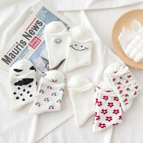 3 Pairs Autumn Winter New Frill Cotton Socks Casual Fashion Comfortable Soft Solid Color Women Socks Smiley Fruit Flower Printed