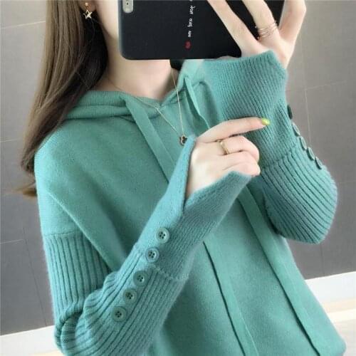 WEIHAOBANG 2021autumn Winter New Womens Hooded Pullover Knitted Coat Loose Solid Color Button Long Sleeve Knitting
