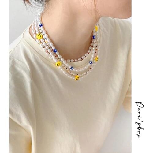 Perisbox White Freshwater Pearl Smiley Necklace for Women Handmade Cute Multicolor Smiling Face Beads Choker Necklaces Summer