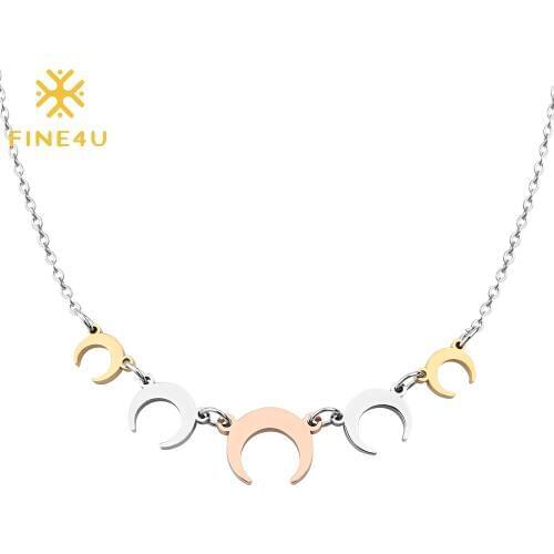FINE4U N291 Stainless Steel Crescent Moon Pendants Necklace Initial Long Chain Necklaces For Women Girls