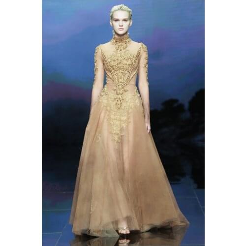 Catwalk Unique Fashion Style High Collar Velvet Embroidery Fitted Semi A line Illusion Bodice Couture Evening Dresses 2018