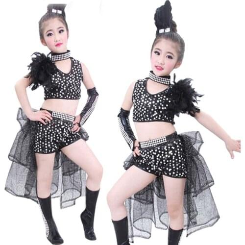 Sequined Feather Jazz Dance Costume For Girl Stage Performance Modern Ballroom Dress Competition Hip-Hop Dancing Costumes Kids