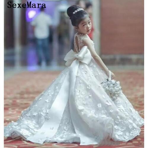 Luxury Ball Gown Flower Girls Dresses Bow Belt Bead Princess Kids Floor Length Bridesmaid Dress Girl Pageant Gown White/Ivory