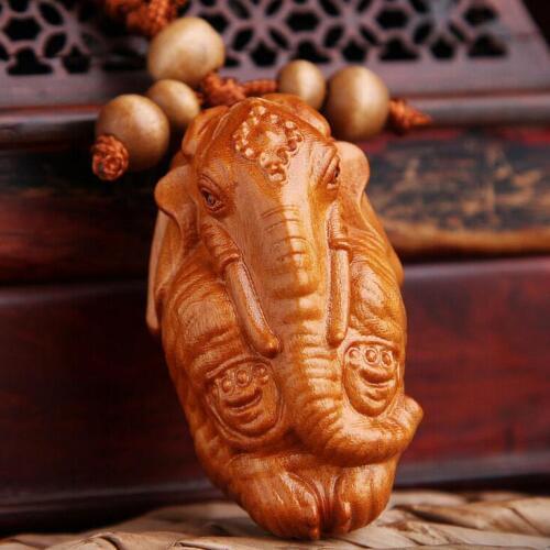 Elephant God Ganesha Statue Rosewood Wood 3D Carved Sculpture Pendant Key Chain