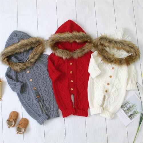 Knitted Baby Clothes Winter Newborn Faux Fur Hooded Baby Romper Girl Toddler Baby Jumpsuit For Girls Baby Boy Romper Overalls