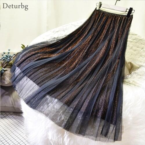 Womens Elegant Mesh Skirt With Bright Liner Korean Female High Waist Pleated A-Line Black Tulle Midi Skirts 2021 Spring Sk706