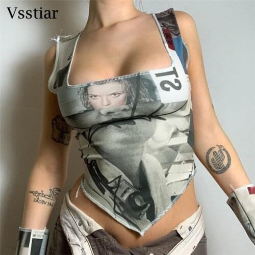 Vsstiar Y2K Portrait Print Tank Top 2021 Fashion Off Shoulder Strap Women Clothes Gloves Hip Hop Summer Sleeveless Sexy Tops