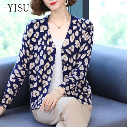 YISU Women clothing Sweater Cardigans V-Neck Petals printing Knitted Coat Cardigan Single Breasted Casual Knit Jacket Sweater