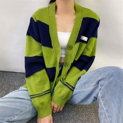 2021 All-Match Loose Women Stripes Long Sleeve Single-Breasted Knitted Cardigan Casual Soft Sweater Coat For Autumn And Winter
