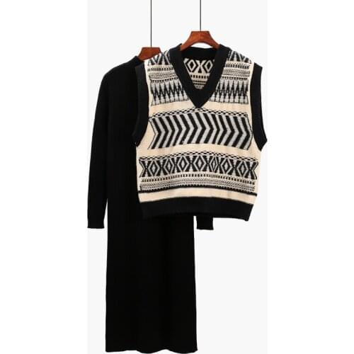 Half High Collar Elastic Knitted Skirt Loose Wool Vest Two Piece Set Autumn And Winter New Fashion Style Sweater Set For Women