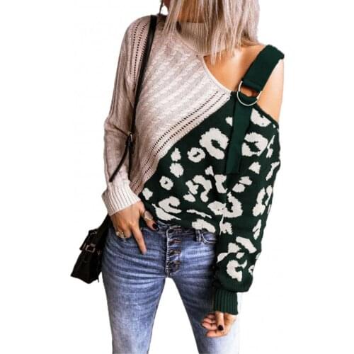 Ele-Choices Women Leopard Patchwork Turtleneck One Shoulder Sweater Twist Knitted Pullover