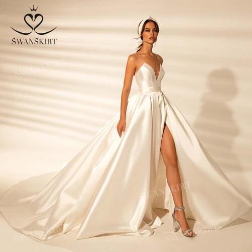 Sleeveless Satin Wedding Dress Vintage Strapless A-Line Court Train Beach Bridal Gown Princess SwanSarah W108 Vestido De Novia