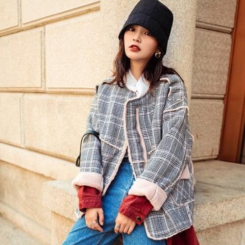 Winter Women High Quality faux lambswool Fur OverCoats Luxury short casual Thick Warm Plus Size female 2019 grey plaid