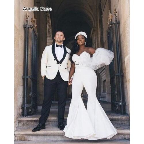 African Women Jumpsuits Wedding Dress Ivory Satin Mermaid Flare Pants Lace Appliques Top Bride Reception Second Bridal Gowns