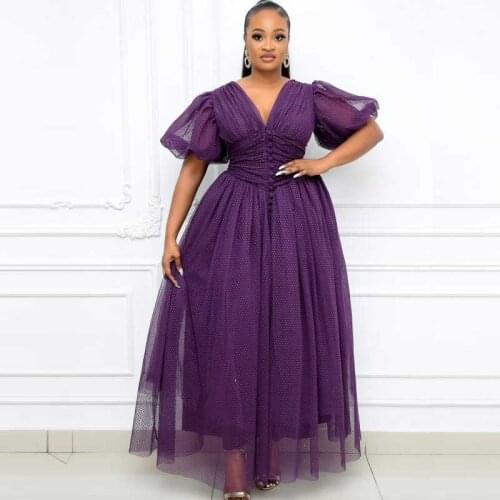 African Dress Styles For Women Lace 2021 Summer Net Yarn Splicing Maxi Dress Dashiki African Clothes Africa Purple Dresses Lady