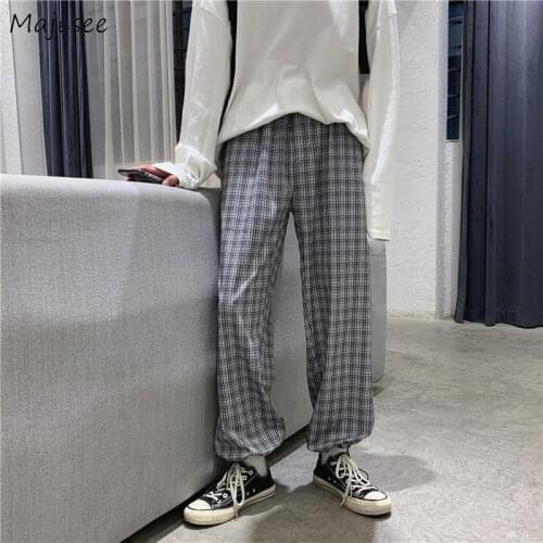 Casual Pants Men Plaid Streetwear Drawstring Ankle-length Vintage Harajuku Loose Breathable Trendy Basic Male Trousers All-match