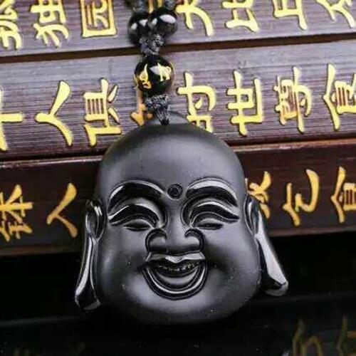 KYSZDL Natural Obsidian carving, Buddha head pendant, men and women patron saint crystal sweater chain pendant ornament gift