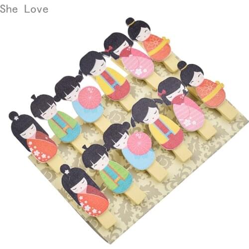 Chzimade 12pcs Kawaii Japanese Doll Wooden Clip Photo Paper Clothespin Craft Party Decoration with Hemp Rope