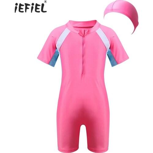 Kids Boys Girls One-piece Swimwear Beach Wear Short Sleeves Zippered Swimsuit Swimwear Bathing Suit Rash Guard with Swimming Cap