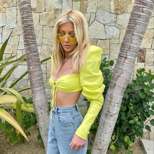 DSMTRC Sexy Puff Sleeve Cropped Long Sleeve Yellow Shirt Vintage Elegant Blouses Fall 2021 Womens Fashion Ladies Top