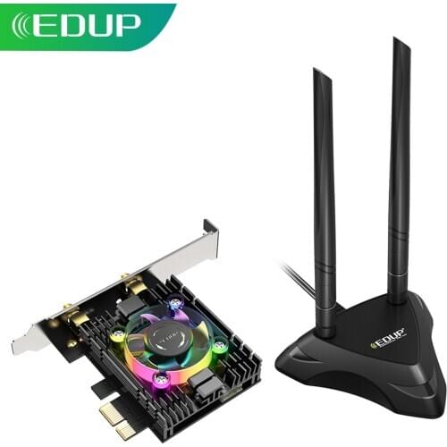 EDUP 3000Mbps WiFi 6 Card Adapter Bluetooth 5.1 Dual Band 2.4G/5G With Heatsink & RGB Fan And Antenna Base Intel AX200 Chipset