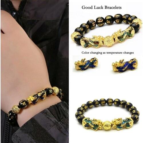 Feng Shui Black Obsidian Pixiu Wealth Good Luck Health Wristband Gold Brave Bracelet Unisex Change Sand Bracelet Color Jewe E4Z5