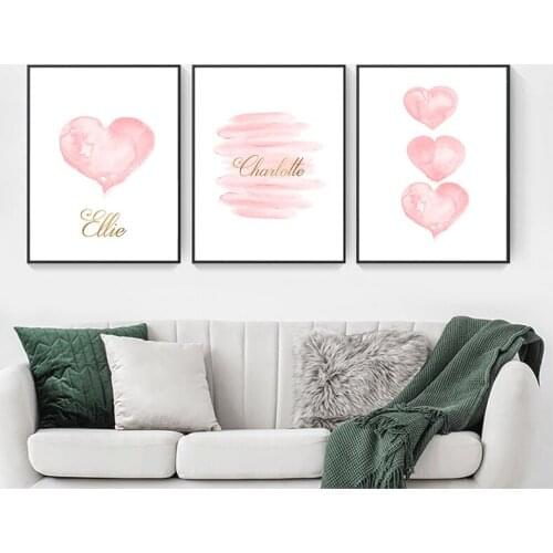 Painting Picture Kids Bedroom Decoration Watercolor Pink Heart Wall Art Canvas Print Personalized Name Custom Nursery