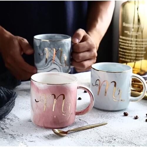 Luxury Pink Gold Mr Mrs Ceramic Marble Coffee Mug Cup Wedding Bridal Couples Lovers Gifts Mug Porcelain Milk Tea Breakfast Cup