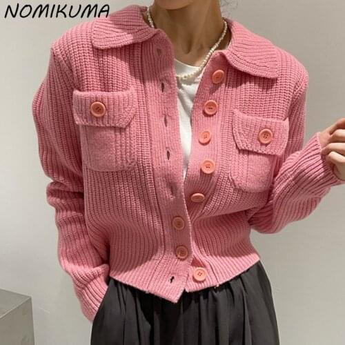 Nomikuma Korea Autumn Winter Knitted Cardigan Chic Double Pockets Sweater Coat 2021 New Slim Waist Elegant Knitwear Jacket 6X425