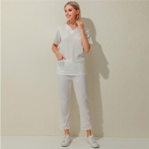 Slim V-Neck Nursing Uniforms Suit for Women High Quality Work Clothes Pocket Solid Color Set Short Sleeve Female Top & Trouser