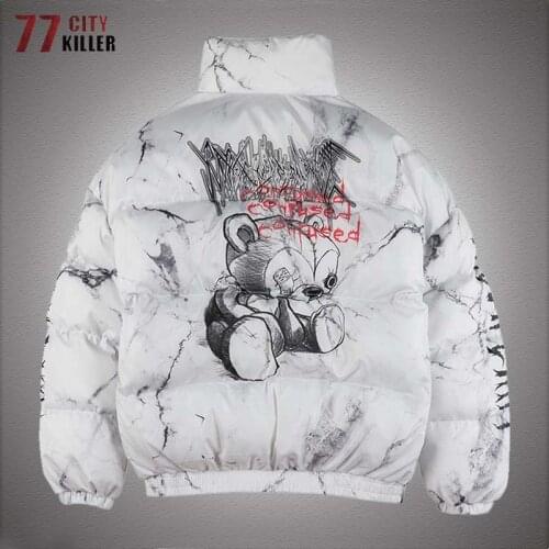 Cartoon Bear Printed Parkas Men Winter Thick Warm Hip Hop Pockets Down Jackets Oversized Streetwear Texture Printing Jacket Tops