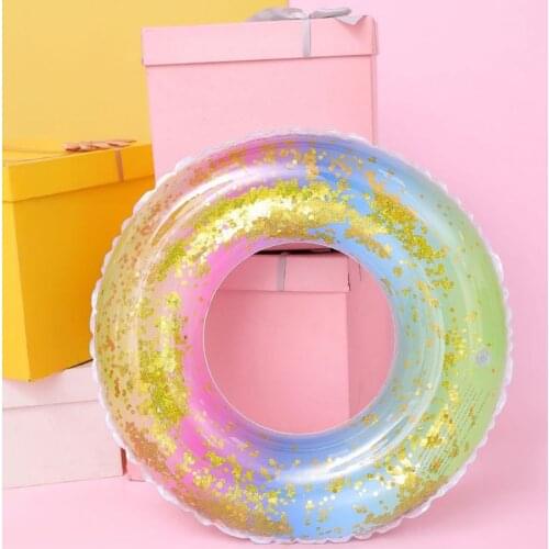 Y1UC Gitter Sequined Rainbow Gradient Inflatable Swimming Ring Pool Floats Translucent Water Circle Summer Beach Party Toys for