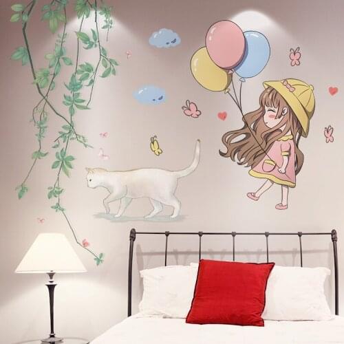 [shijuekongjian] Cartoon Girl Balloon Wall Stickers DIY Leaves Cats Mural Decals for Kids Rooms Nursery House Decoration