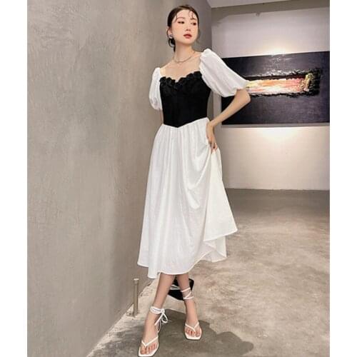 New Runway Designer Puff Sleeve Square Neck Black White Stitching Summer Dress Vintage Elegant Party Dresses Womens New Clothes
