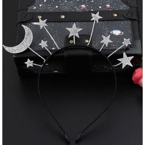 Princess Girl Halloween Party Crown Headband Glitter Powder Moon Star Charms Metal Alloy Hair Hoop Birthday Tiara Headpiece Gift