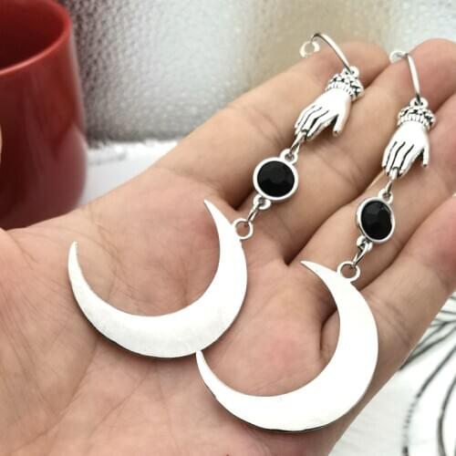 Obsidian, Witchcraft Hand, Witch Earrings-crescent Earrings, Phantom Hand Witch Gothic Weird Long Jewelry