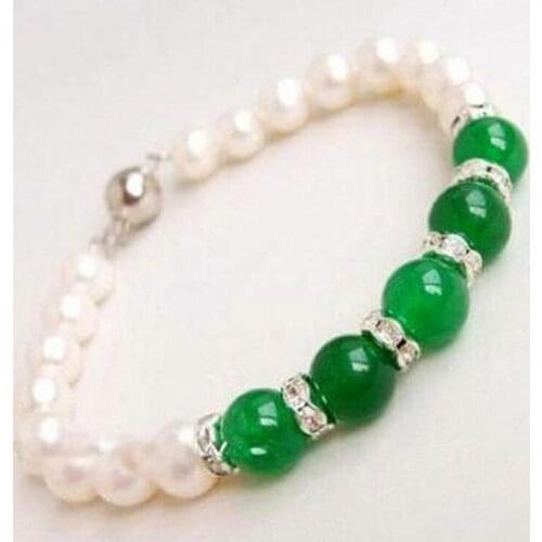 Charming!8-9mm Natural White Akoya Pearl / jade Bracelet 7.5inch