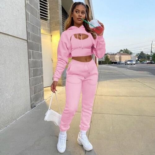 Fashion Gray Letter Print Three Piece Set For Women Casual Hoodie Sweatshirt Cut Out Crop Top Sexy Vest Jogger Pants Tracksuit