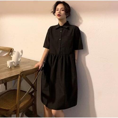 Dress Women Harajuku Solid A-line Trends Orange Preppy Style Summer Dresses Oversize Loose Kawaii Girls Lapel Midi Tunic Popular